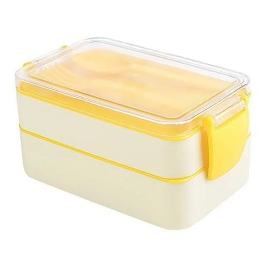 2 Bölmeli Çok Amaçlı 900 ml Kapasiteli Çatal Kaşıklı Dayanıklı Beslenme Kabı Yiyecek Kutusu (K0)