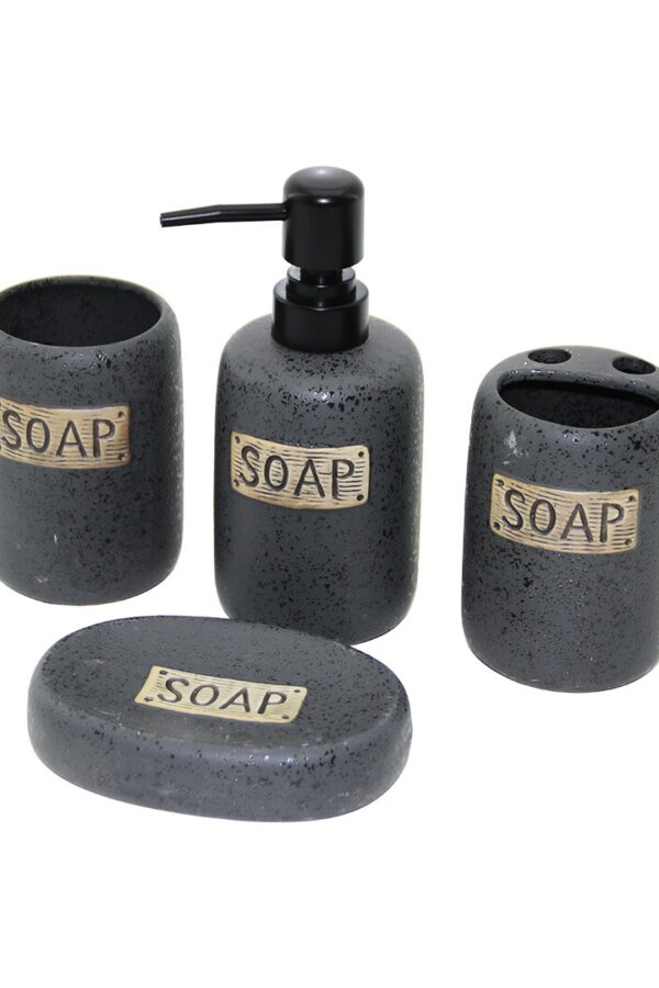 4 PCS ANTRASİT GRİ SERAMİK BANYO TEMİZLİK SETİ SIVI - KATI SABUNLUK - DİŞ FIRÇALIK - MACUNLUK (K0)