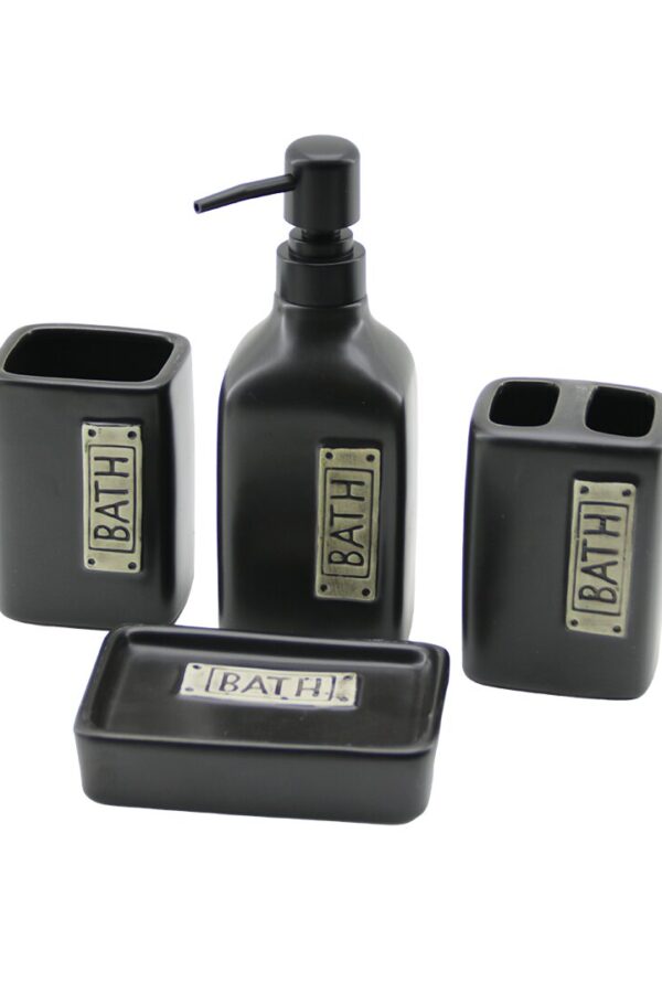 4 PCS SİYAH SERAMİK BANYO TEMİZLİK SETİ SIVI - KATI SABUNLUK - DİŞ FIRÇALIK - MACUNLUK (K0)