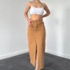 Camel Gabardin Boyamalı Püsküllü Etek