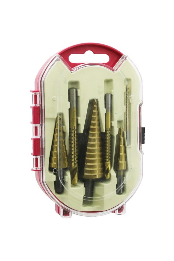 6PCS  KADEMELİ MATKAP UCU SETİ HSS ADIM - DÜZ OLUK - KONİK DELİCİ KIRMIZI PLS.AYAKLI KUTU - ŞEFFAF KAPAK (K0)
