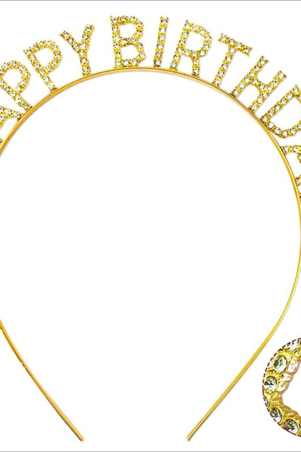 Altın Gold Renk Kristal Taşlı Parlak Happy Birthday Taç 16x17 cm (K0)