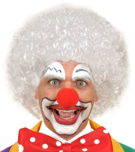 Beyaz Renk Kıvırcık Afro Bonus Peruk Saç ve Kırmızı Sünger Burun Seti (K0)