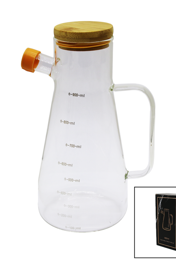 DAMLATMAZ CAM YAĞDANLIK BAMBU KAPAKLI ÖLÇEKLİ 900ML (K0)