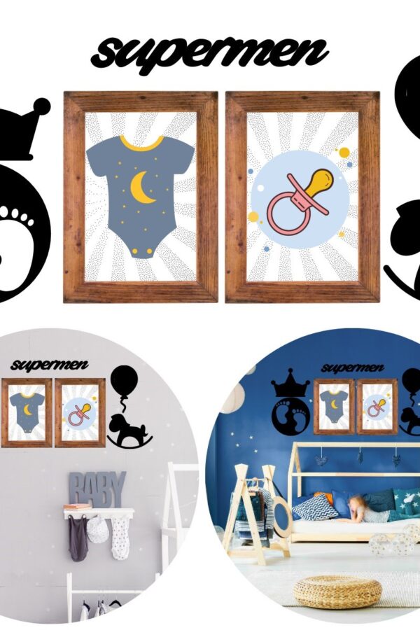 DECO103 Supermen Dekoratif Duvar Süsü Tablo Aksesuar Ahşap Tasarım Hediye Pano Sticker Seti (K0)