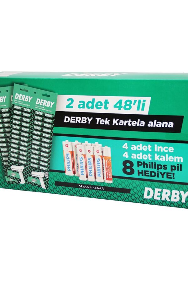DERBY TEK BIÇAK KARTELALI JİLET 96 PARÇA 4 KALEM 4 İNCE PİL HEDİYELİ (K0)