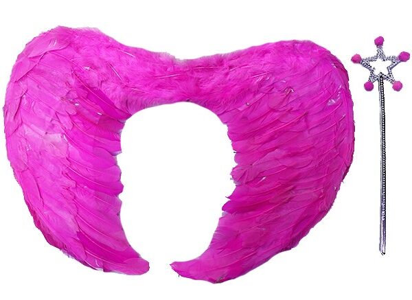 Gerçek Tüylü Katlanabilir Çocuk Pembe Melek Kanadı ve Asa Seti 40x55 cm (K0)