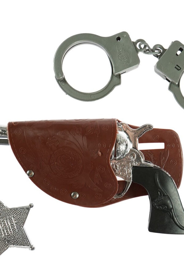 Gösteriler İçin Kovboy Sheriff Tabancası Kelepçesi ve Rozet Kostüm Seti 3 Parça (K0)
