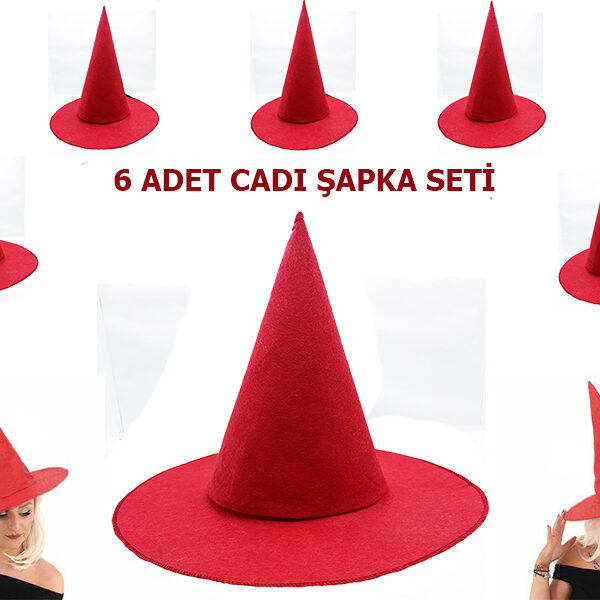 Kırmızı Renk Keçe Cadı Şapkası Yetişkin Çocuk Uyumlu 6 Adet (K0)