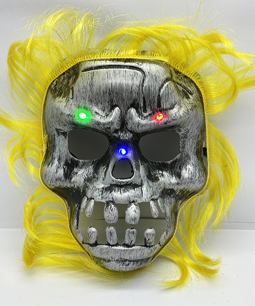 Sarı Saçlı Led Işıklı Kuru Kafa İskelet Korku Maskesi 22x25 cm (K0)