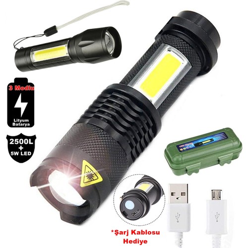 Su Geçirmez Şarjlı El Feneri 2500 Lumens + 5W COB LED USB Lion Şarjlı Ultra Güçlü Q5 XPE (K0)