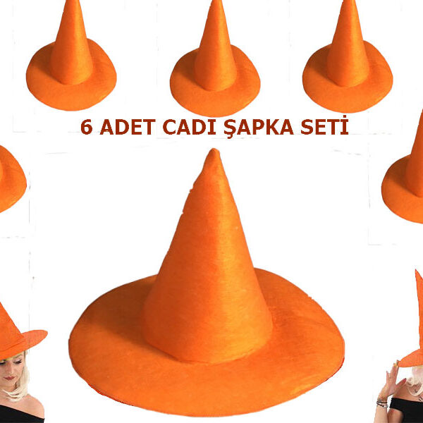 Turuncu Renk Keçe Cadı Şapkası Yetişkin Çocuk Uyumlu 6 Adet (K0)