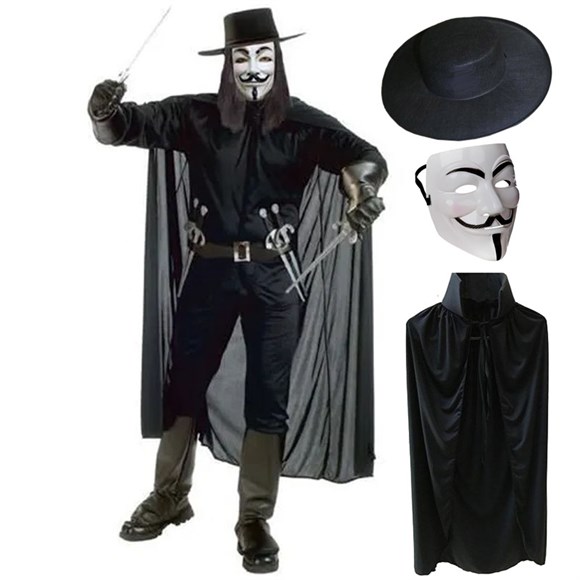 V For Vendetta Maskesi Şapkası ve Pelerin Kostüm Seti Yetişkin Boy (K0)