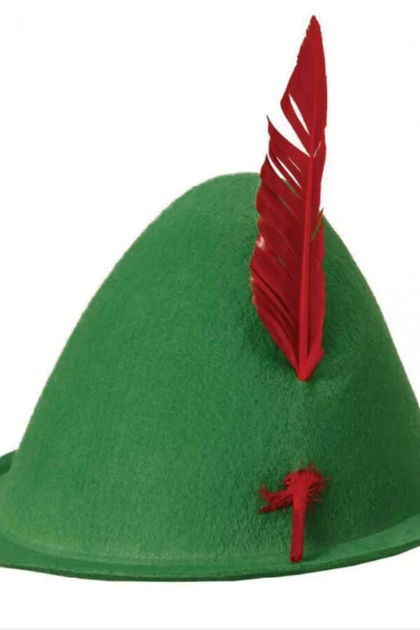 Yeşil Renk Kırmızı Tüylü Peter Pan Şapkası Robin Hood Şapkası 24X23 cm (K0)