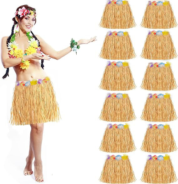 Yetişkin ve Çocuk Uyumlu Saman Renk Hawaii Luau Hula Etek 40 cm 12 Adet (K0)