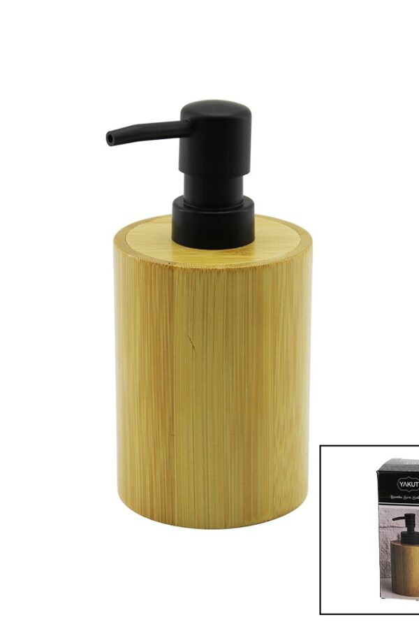 YUVARLAK  AHŞAP BAMBU SIVI SABUNLUK  SİYAH PLASTİK POMPA   ÇAP: 8CM - Y: 11CM (K0)